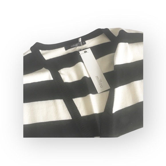 new LF Millau ᯾ Stripe V Neck Long Cardigan Duster Sweater ᯾ Black + White - Picture 4 of 11